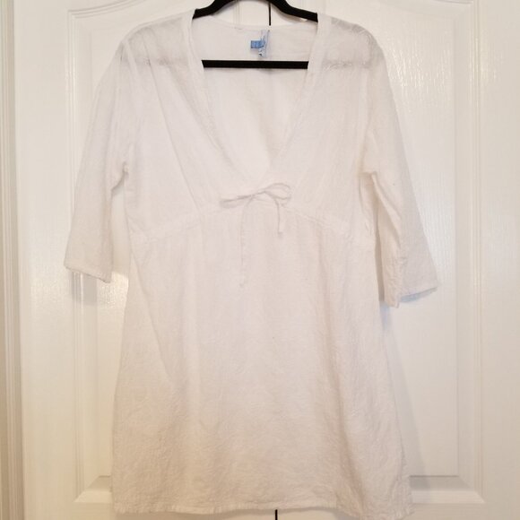100% Cotton Resort Wear White Floral Textured Bikini Coverup Dress Women Medium - Picture 2 of 14